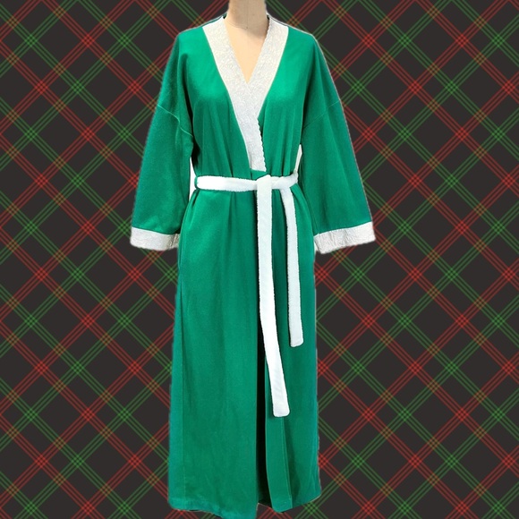 VINTAGE emerald kelly green wrap robe long full length maxi‎ belted waist satin - Picture 1 of 16